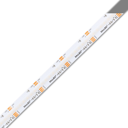 LED pásek COB, RGB + teplá bílá (3000K), 18W/m, 840LED/m, 833lm/m, CRI90, segment 33,3mm, 28LED/segment, IP20, DC 24V, životnost 50 000h, šíře 12mm, bílý PCB pásek, max. délka pásku při jednostranném zapojení: 5m, opatřen samolepící páskou 3M, UV stabilní. Balení 5m.