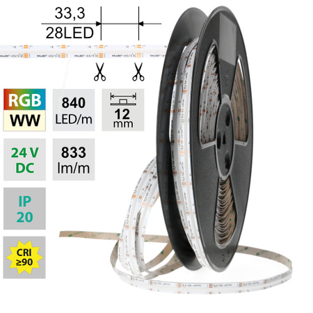 LED pásek COB, RGB + teplá bílá (3000K), 18W/m, 840LED/m, 833lm/m, CRI90, segment 33,3mm, 28LED/segment, IP20, DC 24V, životnost 50 000h, šíře 12mm, bílý PCB pásek, max. délka pásku při jednostranném zapojení: 5m, opatřen samolepící páskou 3M, UV stabilní. Balení 5m.